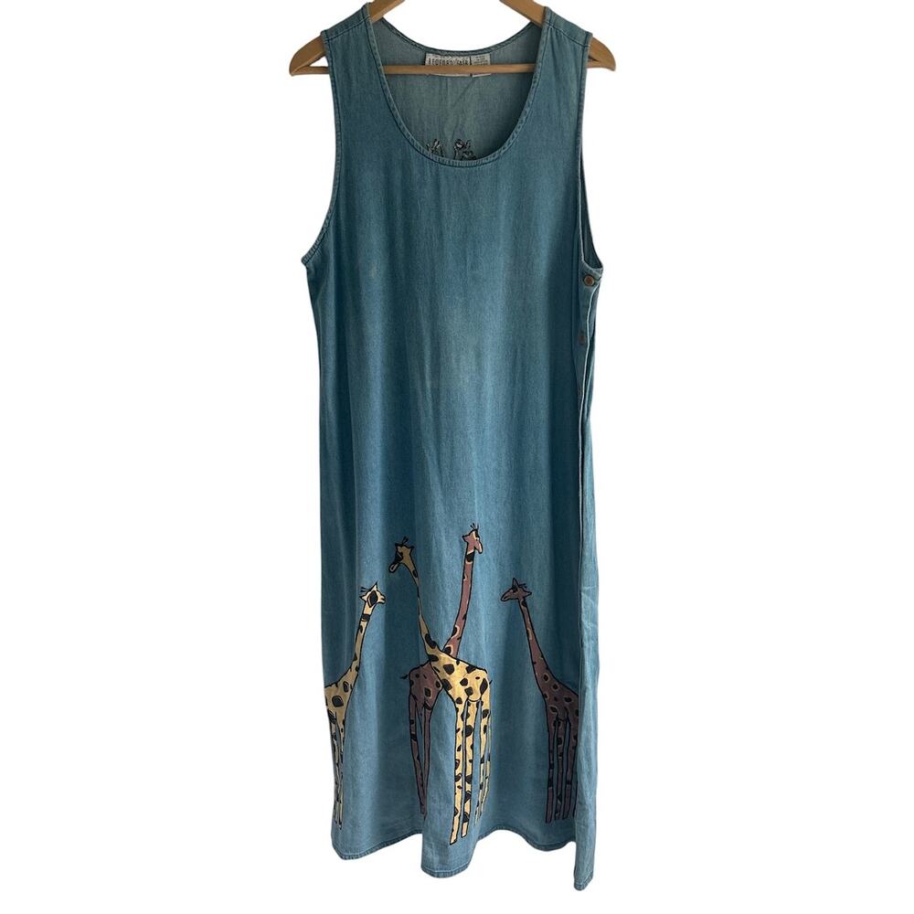 Vintage Bedford Fair Size Large 100% Cotton‎ Giraffe Denim Chambray Maxi Dress